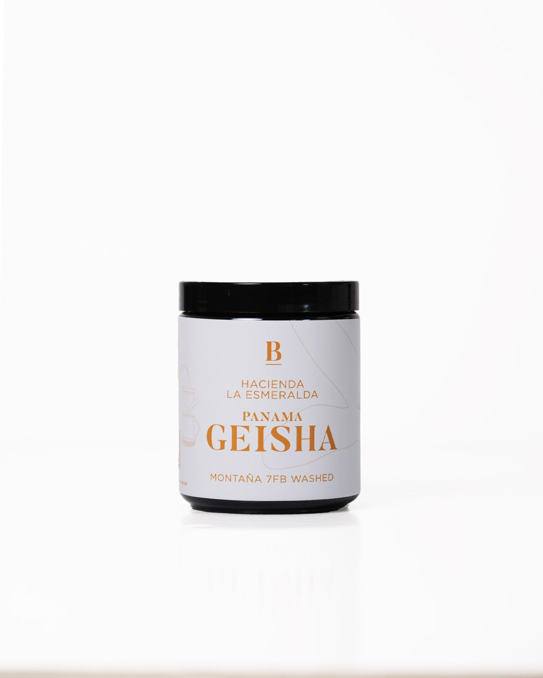 Jar of Hacienda La esmeralda Panama Geisha washed montana lot coffee on a white background