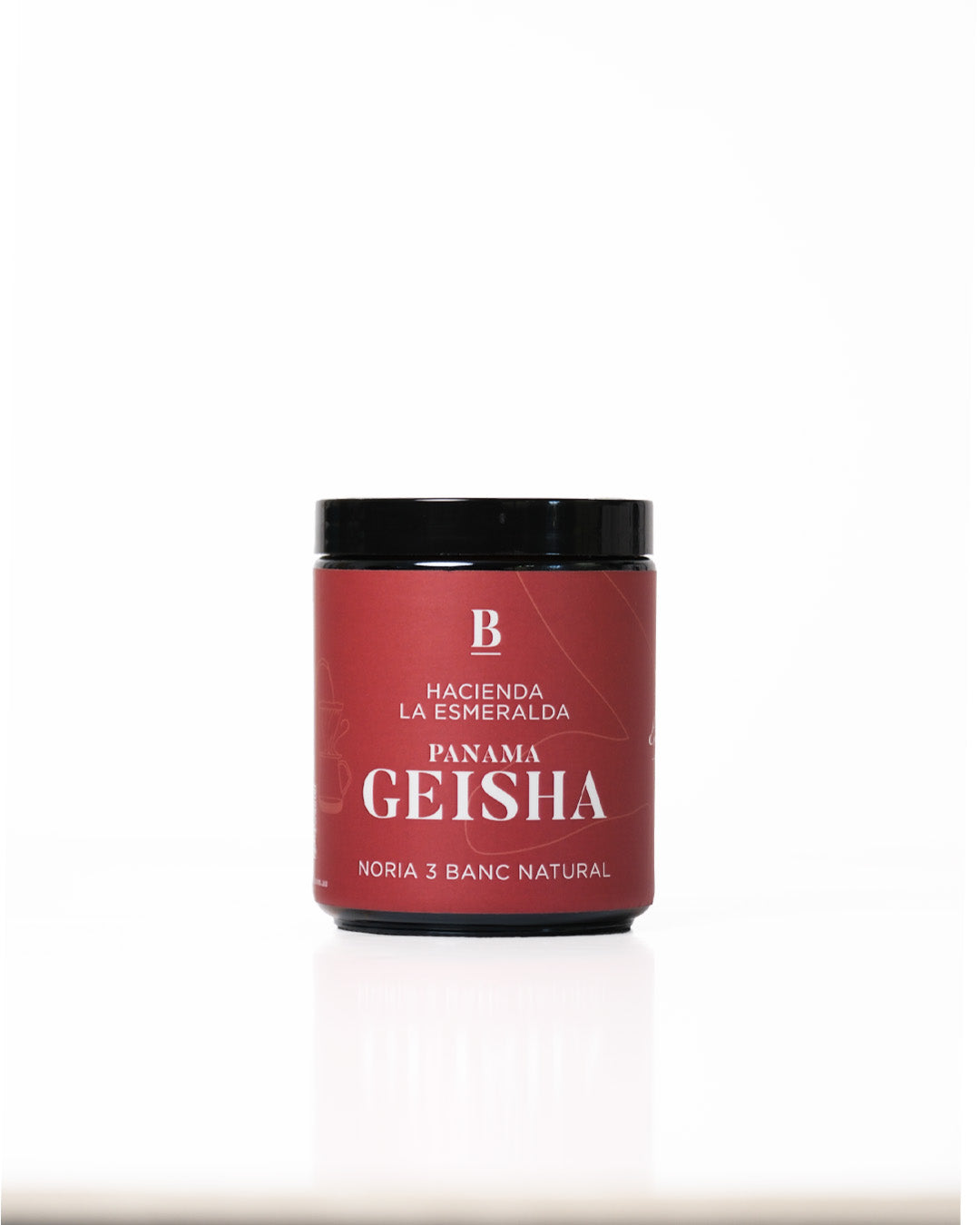 Jar of Hacienda La esmeralda Panama Geisha natural noria lot coffee on a white background