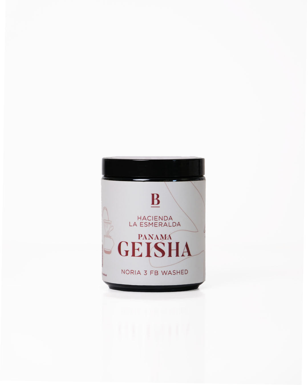 Jar of Hacienda La esmeralda Panama Geisha washed noria lot coffee on a white background