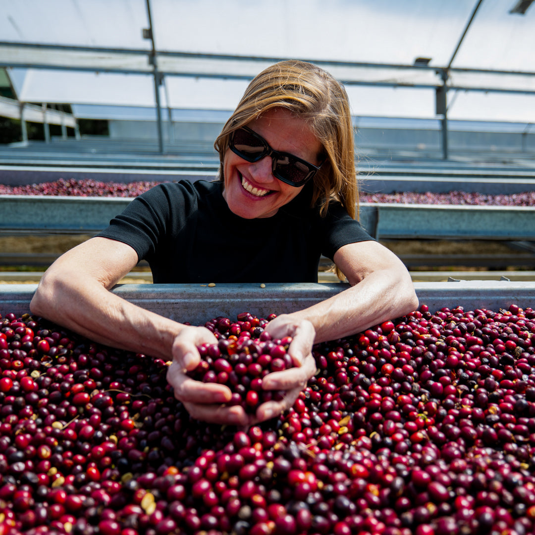 Rachel Peterson from Hacienda La Esmeralda holding coffee cherries